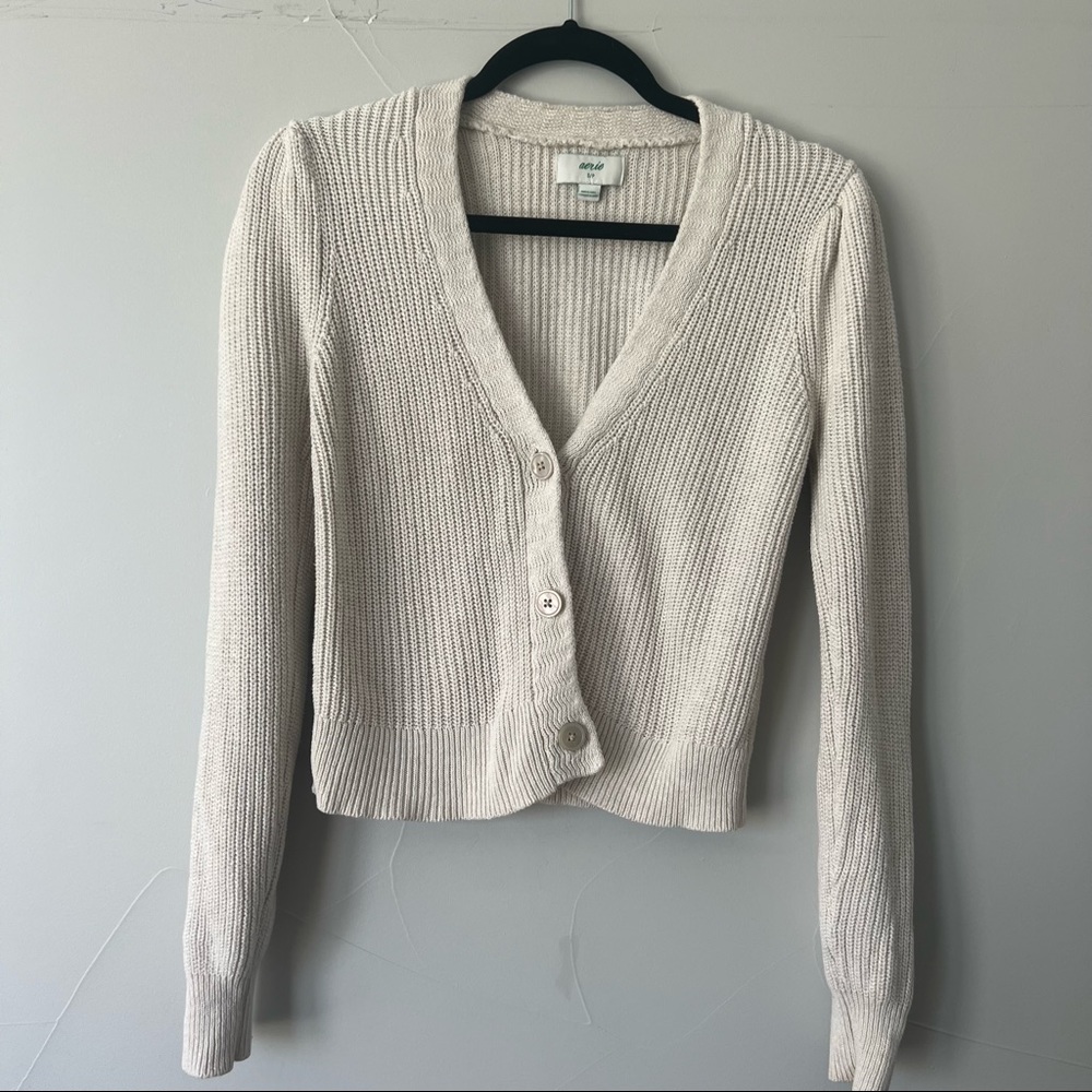 AERIE ivory puff sleeve cropped cardigan